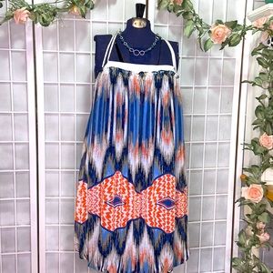 MM Couture Blue Orange Chiffon Geometric Print Spaghetti Strap Dress Meduim